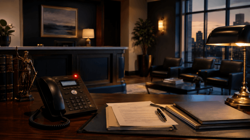Busy law firm reception desk with phone ringing and overwhelmed staff — missed calls cost firms thousands per week